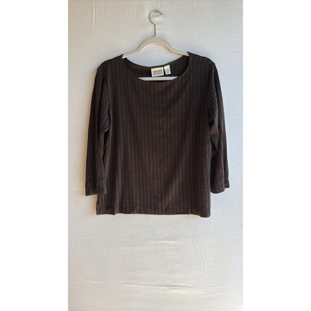 Vintage Chico's Design Brown Ribbed Slinky Knit 3/4 Sleeve Top